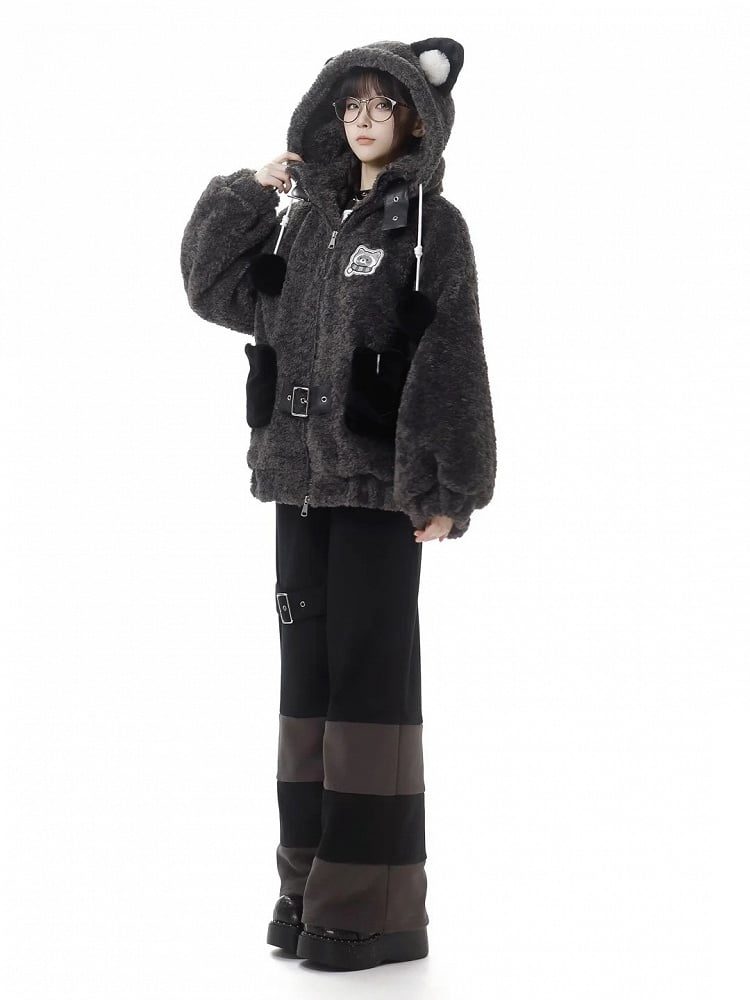 Side front view of gray hooded coat showing plush texture and black pockets