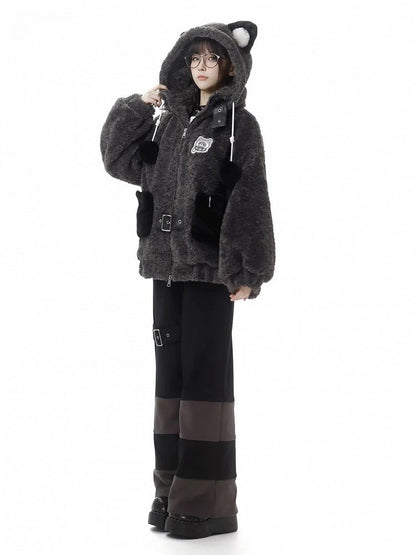 Raccoon-Inspired Ears Hooded Coat Tail Detachable Gray with Design Plush Cozy