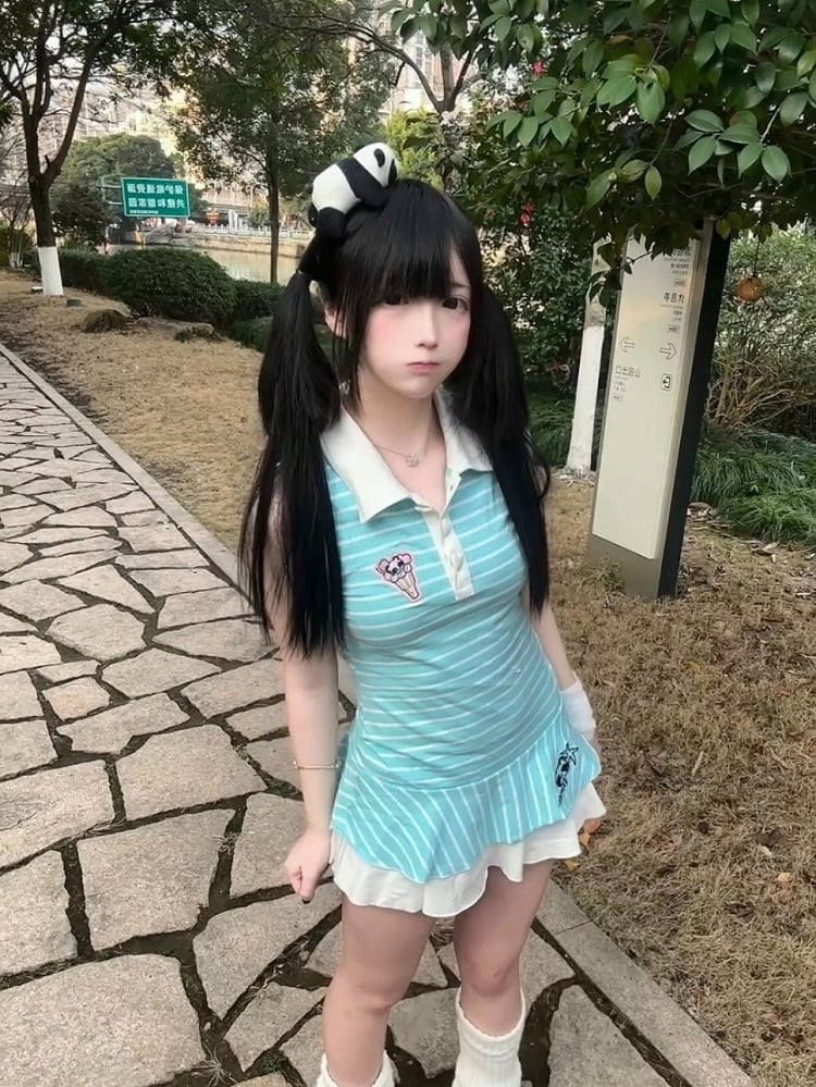Blue Polo Collar Striped Sleeveless Dress Ruffle Hem - kukuwa