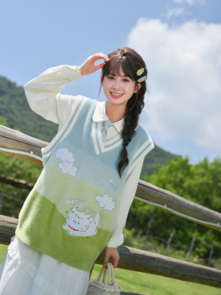 ブルー＆グリーングラデーションの子犬柄ニットベスト