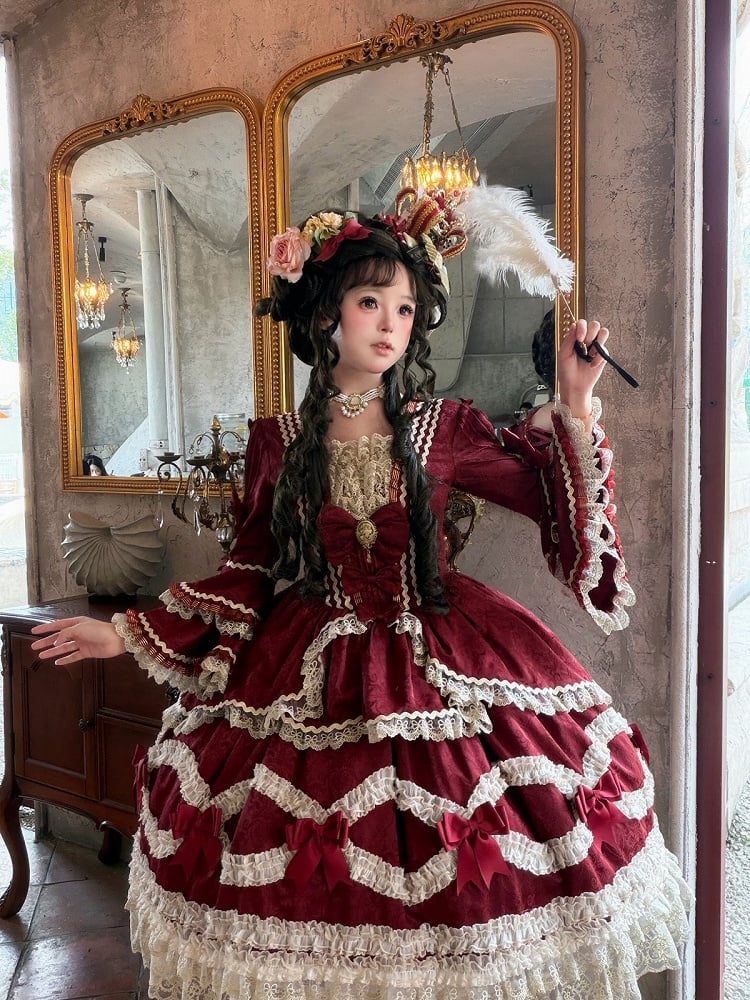 Elegant Classic Wine Red Lolita Dress with Bell Sleeves, Lace & Layered Ruffles - Strawberry Cocoa Lolita