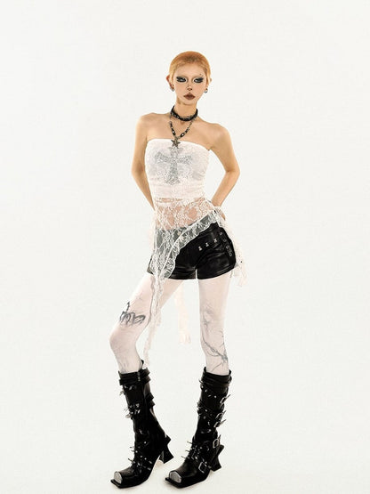 Y2K Cross Strapless Top with Irregular Lace Trim