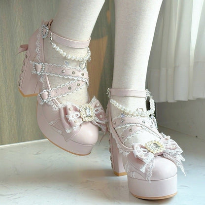 Pink Platform Mary Janes with Crystal Detail - Sheep Puff