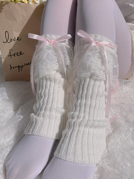 9色 リボン結び レース カフ ニット レッグウォーマー