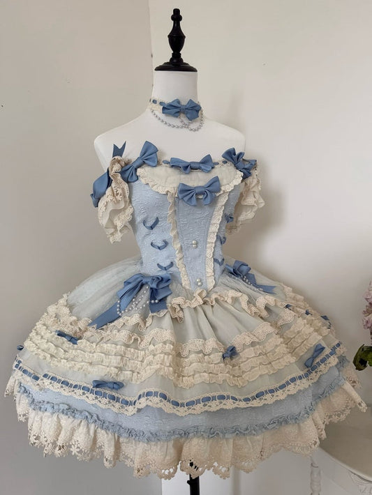 ドレス ボーンド ロリータ ブルー スカート ジャンパー ウエストアクセント バレコア ボウ