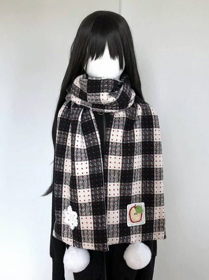 Plaid Kawaii Scarf with White Pom-Pom Trim - freetrader