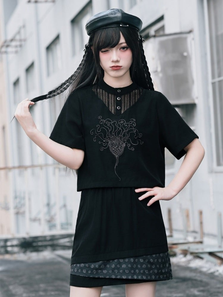 Dark Lace Patch Top with Sea Lily Stitching - Quirky Hut