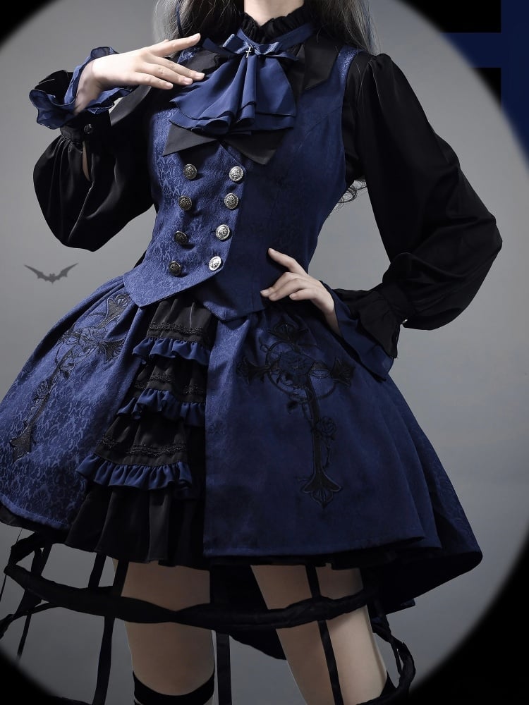 Schwarzes und dunkelblaues Ouji Lolita Fashion Prince Shirt mit Jabot