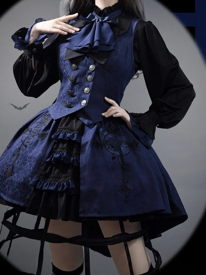 Schwarzes und dunkelblaues Ouji Lolita Fashion Prince Shirt mit Jabot