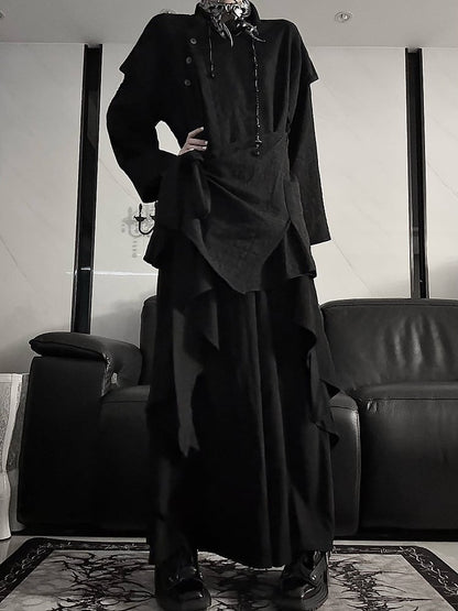 Wide-Leg Black with High-Waisted Lolita Ruffle Trim Ouji Pants Skirt