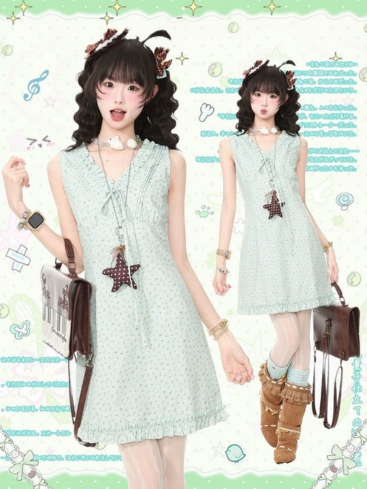 Green V-Neck Floral Print Sleeveless Dress - Languid Park
