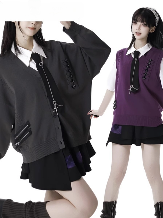 グレーのVネック、ジッパーディテール、春ニットカーディガン