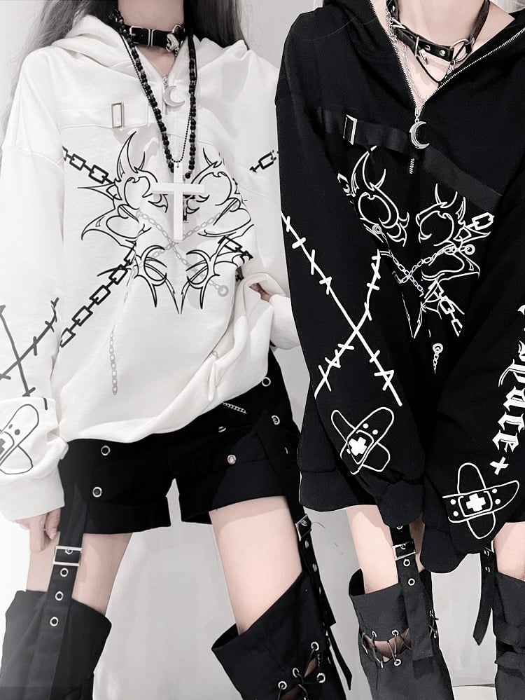 Hoodie Chains Punk Print Black/White
