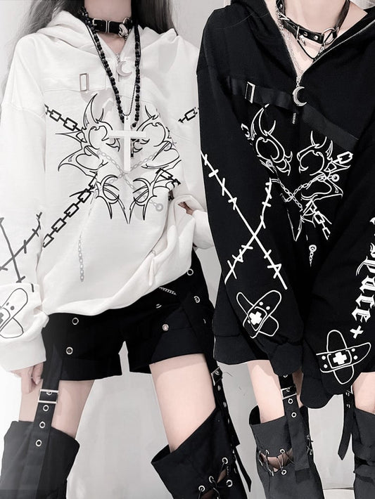Hoodie Chains Punk Print Black/White