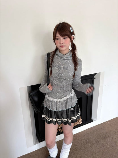 with Dots Ruffle Gray Polka Long T-Shirt Sleeve Neck Trim Lace