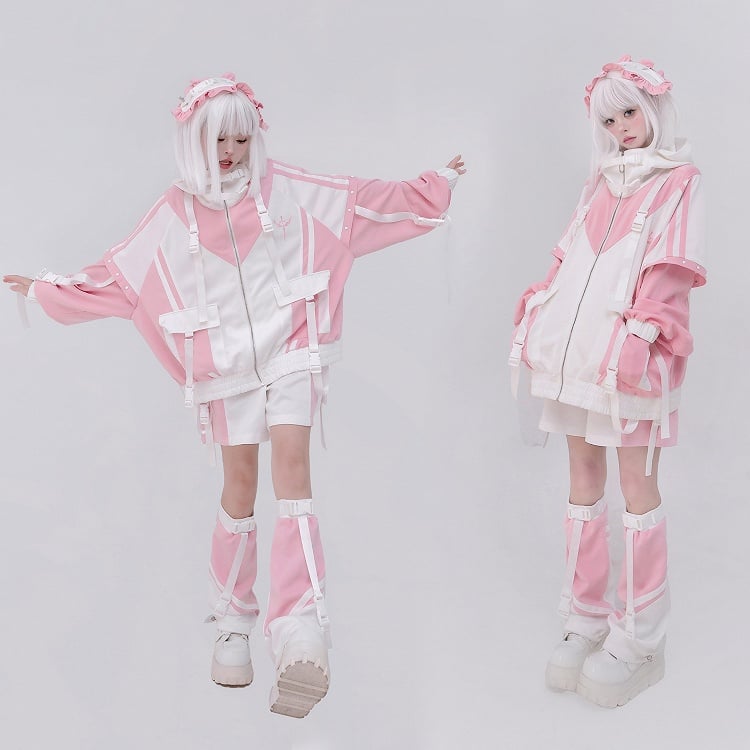 und mit übergroßem weißen Verschluss Techwear Details Colorblock Pink Fit Jacke Snap
