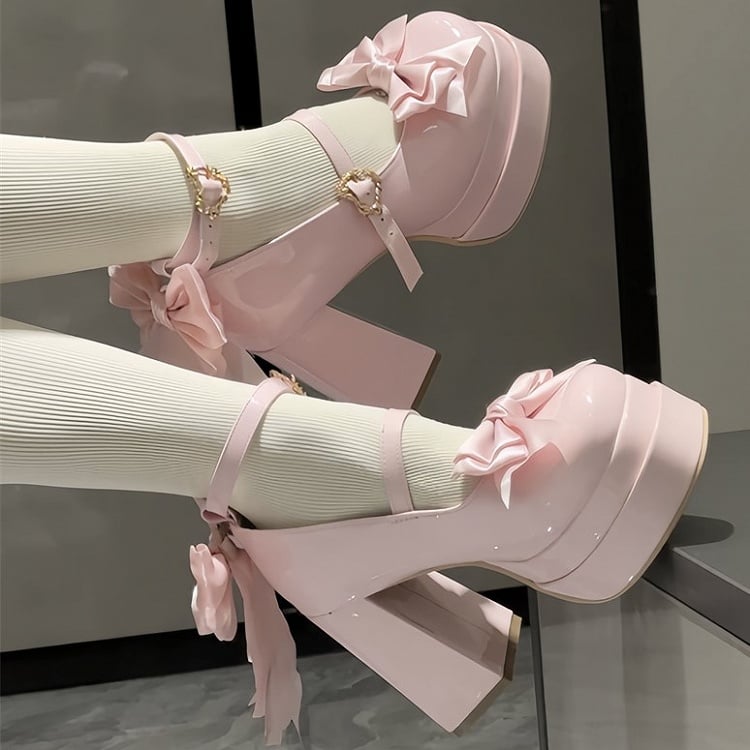 Top Heels Toe Bow at Pink Round High Block Sweet Platform Light Lolita Design with