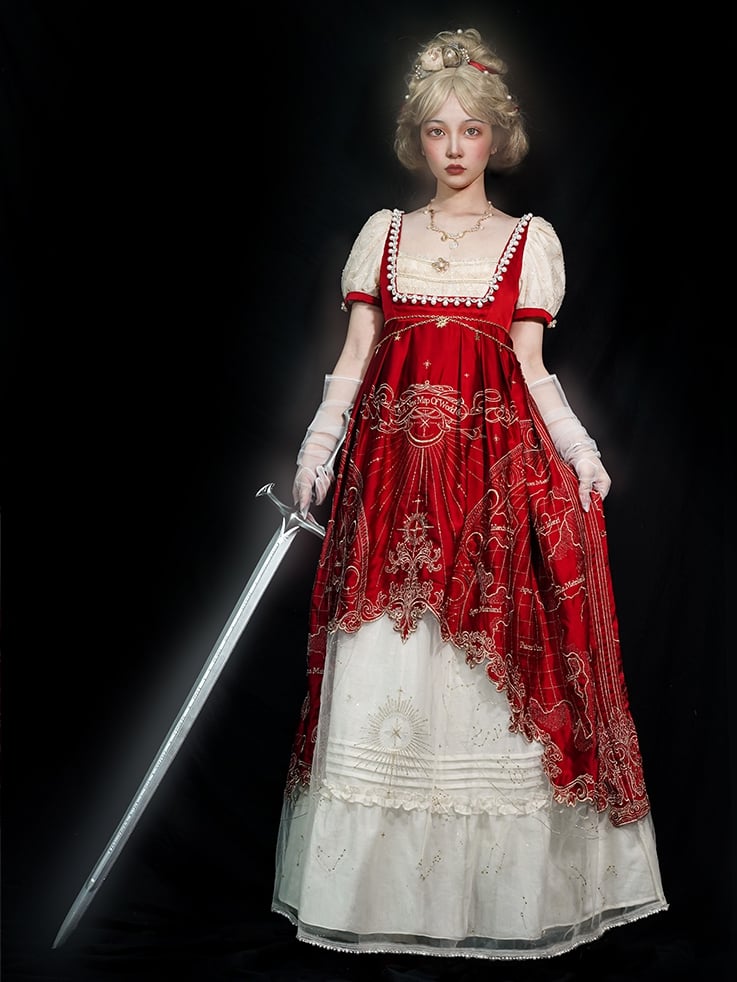 One Beige Elegant Lolita Piece Celestial Red and Classic Map Embroidery Empire Waist Wine Delicate Gold