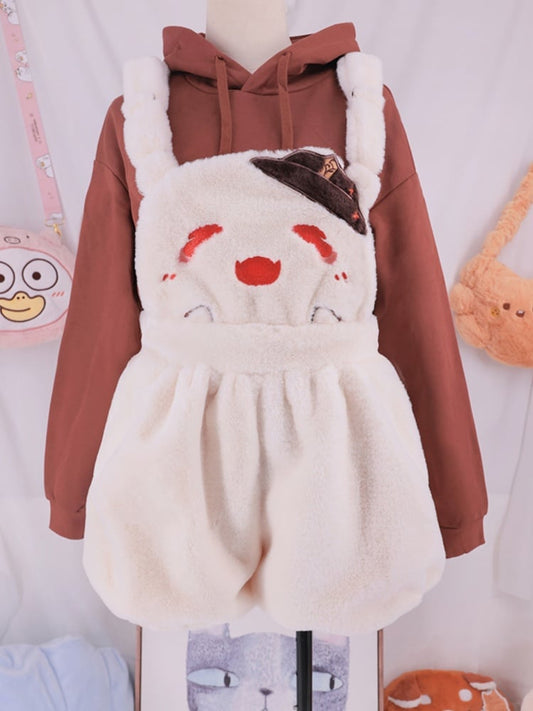 Hu Tao inspirierte Halloween Beige Plüsch Overall Shorts