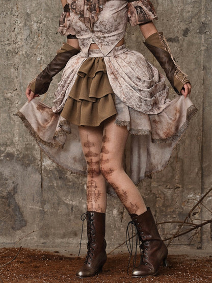 High-Low-Rock aus Jacquard mit Batikmuster und Rüschenbesatz