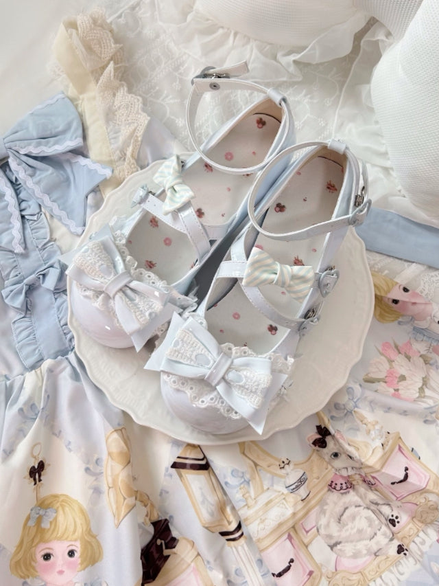 Blue Mid-heel Baby Lace Toe Sweet Round PU Lolita Janes in Mary -