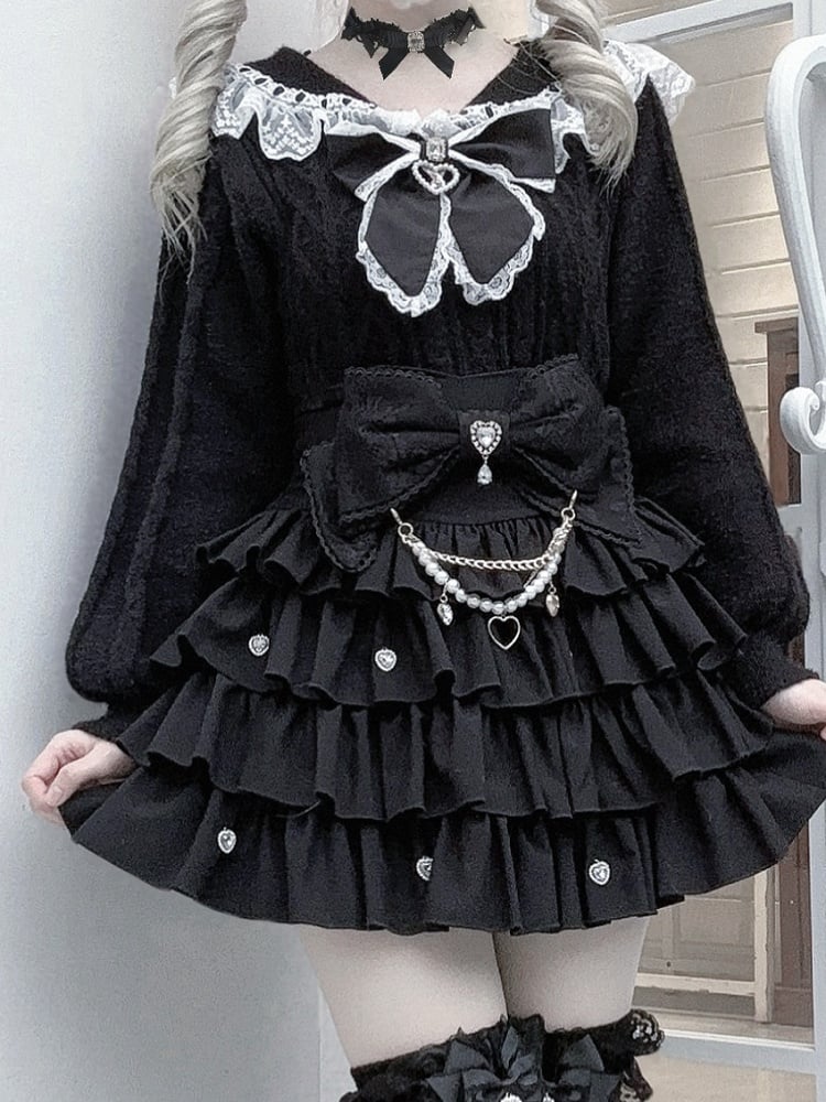 Collar Lace Jirai Kei Trim Sweater Sailor Black