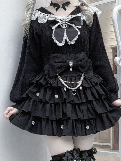 Collar Lace Jirai Kei Trim Sweater Sailor Black