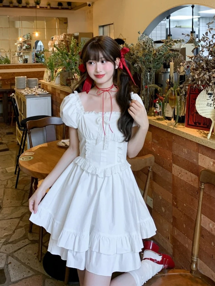 White Ruffled Square Neckline Puff Sleeves Tiered Ruffles Sweet Dress
