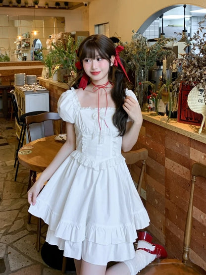White Ruffled Square Neckline Puff Sleeves Tiered Ruffles Sweet Dress