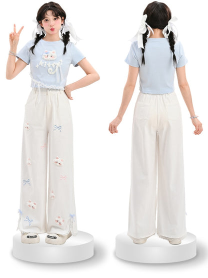 White Straight-Leg Pants Plush Kitty Appliques Bow Embroidery Regular/Short Version