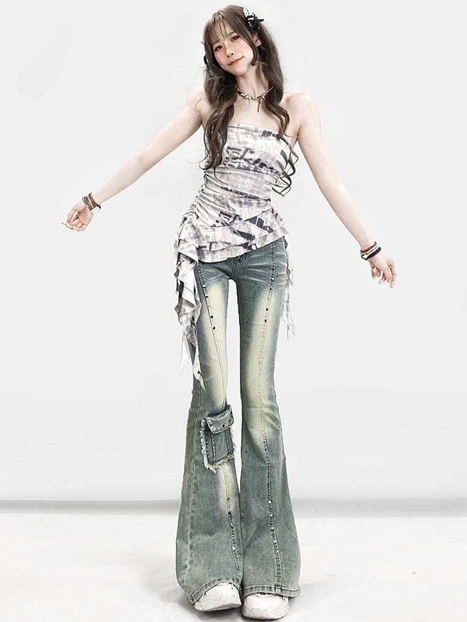 Verzierte Jeans, verblasste Bündchen, Y2K, ausgefranst, glamourös, blau, roh, Schlagtasche, Silhouette, gewaschen und