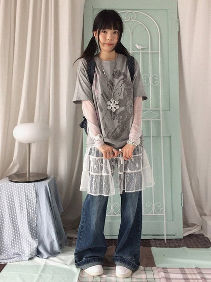 Gray Crew Neck Tee with Distressed Print - innomoood
