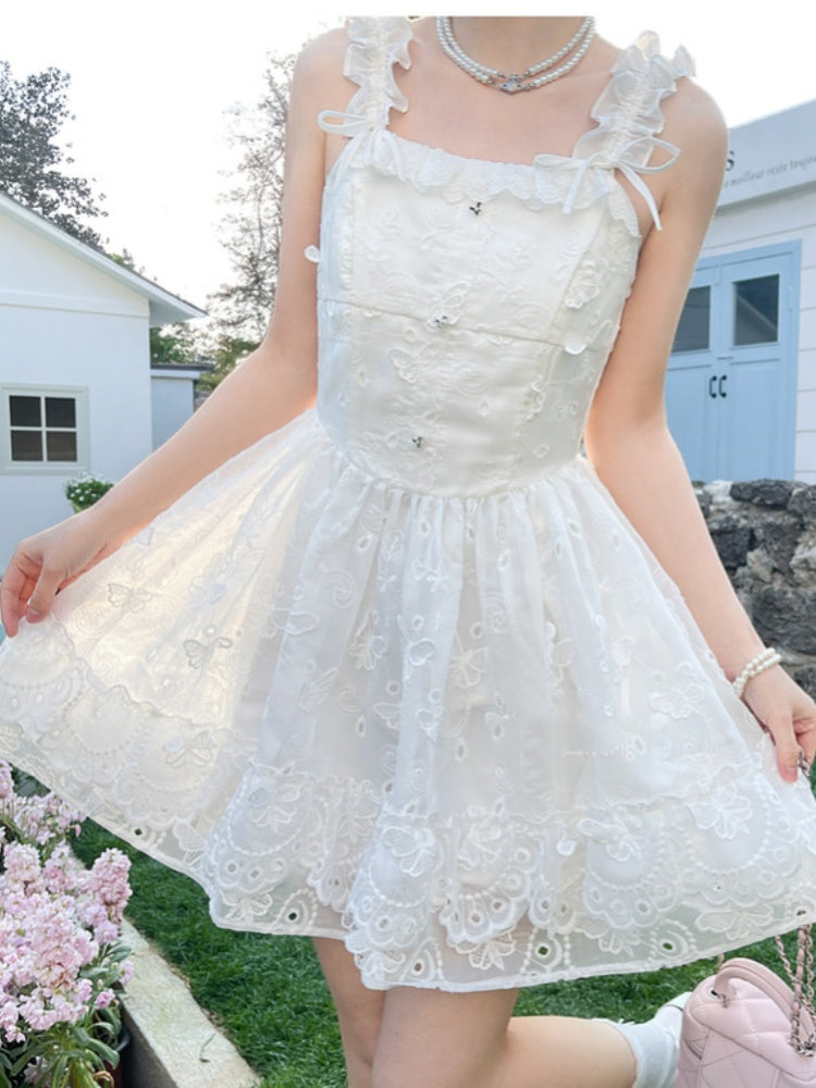 Sleeveless Dress Embellished Sweet White Ruffled Square Neckline Butterfly