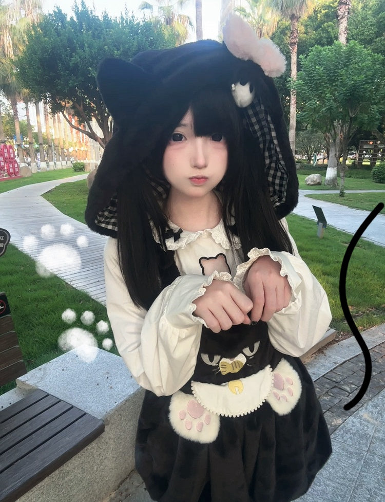 Collar: Kitty Trim Blouse Lace and Sleeve Black Bow Long White Peter with Cutout Pan