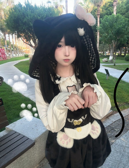Collar: Kitty Trim Blouse Lace and Sleeve Black Bow Long White Peter with Cutout Pan