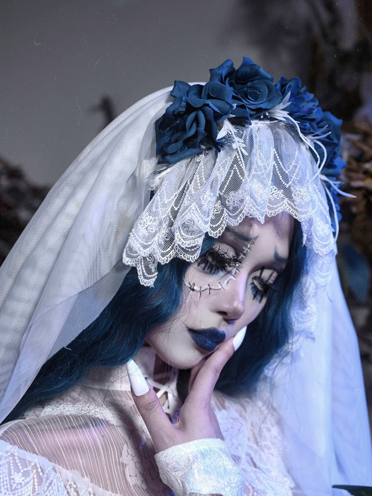 Weißer Gothic-Blau-Blumen-Brautschleier