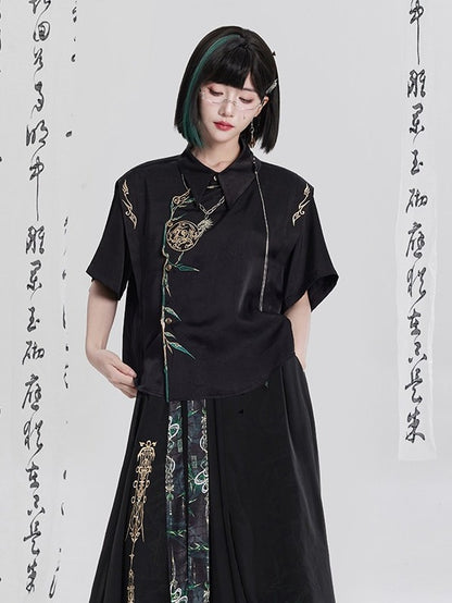 Black Chinese Embroidery Loose-Fit Asymmetrical Short-Sleeve Shirt - Qing Tang Original