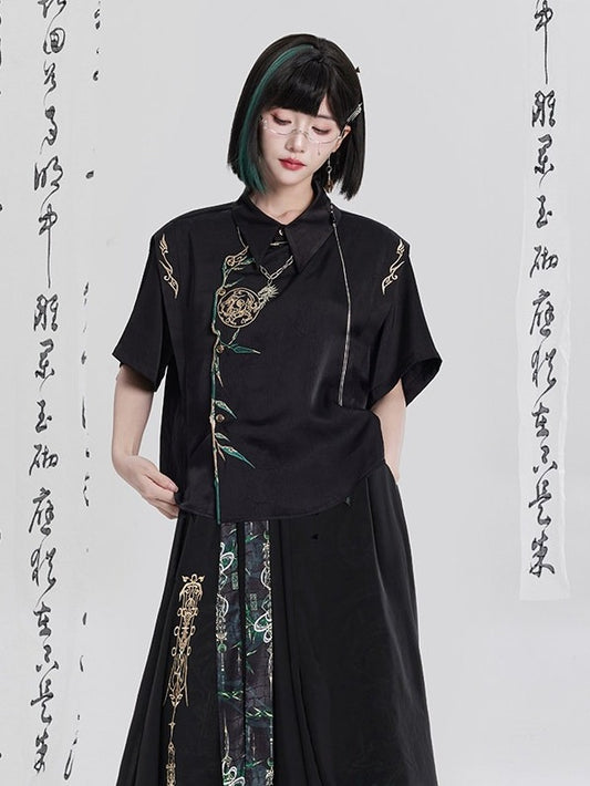 Black Chinese Embroidery Loose-Fit Asymmetrical Short-Sleeve Shirt - Qing Tang Original