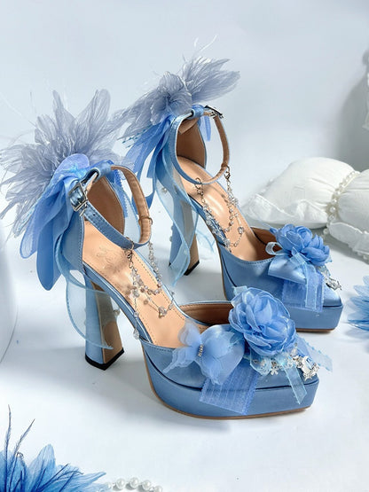 Light Blue Lolita Pumps with Floral Accents and Bead Chain - A Sky Rabbit