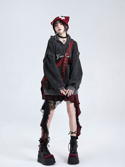 Mesh Cascading Red with Black Festival Overlay Skirt Music Outfits Plaid Ruffles
