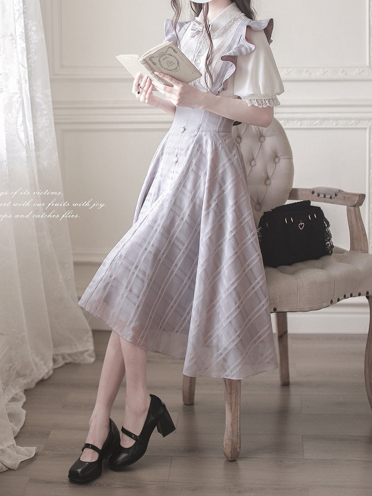 Purple Taro Long Plaid Overall with Version Flutter Sleeves Dress