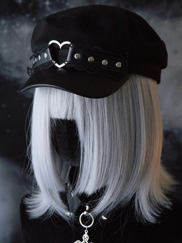 Heart Hat Gothic Lace Trim Details Black Beret Studs Ring