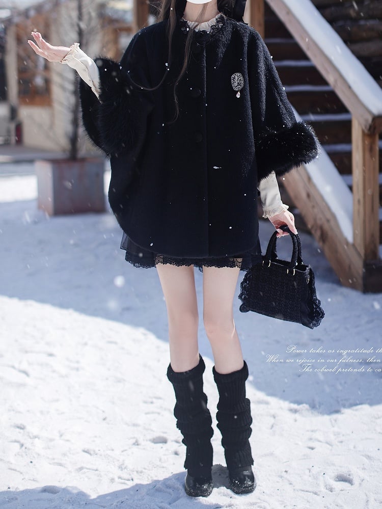 Black Cape Cuffs Jirai Plush Cozy Winter Coat - Kei with Fall Essential A Collar