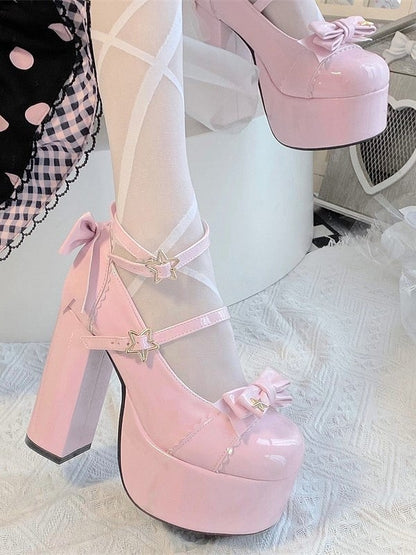Star Bow Elegant Round-Toe Pink 12cm Snap Heels - Platform Height Lolita High with Details Heeled