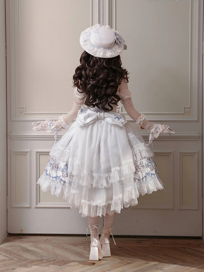 White & Blue Antique Print Elegant Lolita JSK Dress - Meng Fu Zi