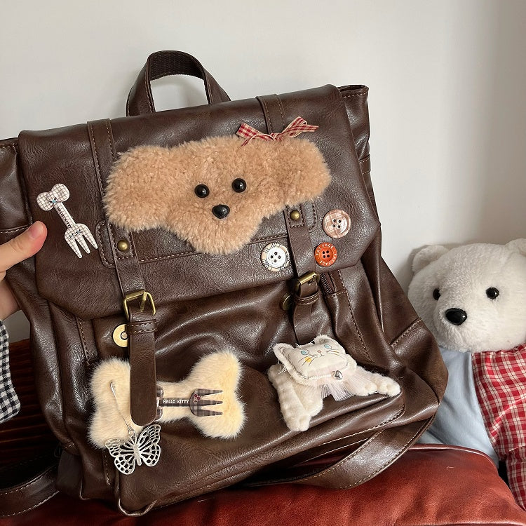 Preppy Brown | Backpack Puppy Vintage Flap with Plush Style Fold-Over Y2K