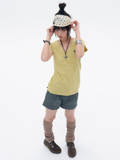 Light Green Cotton V-Neck Tee with Key Embroidery - innomoood
