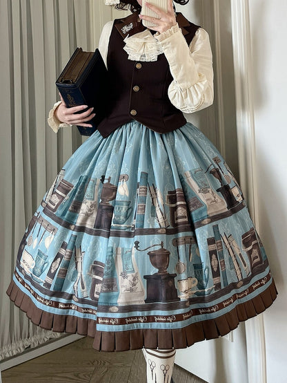 Blue Brown Coffee Cup Bookshelf Print Elegant Skirt Ruffled Hem - Dream Whale