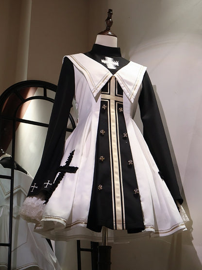 White and Black Cross Details Bell Sleeves Nun Lolita Dress