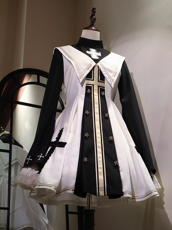 Weißes und schwarzes Lolita-Kleid mit Kreuzdetails und Glockenärmeln